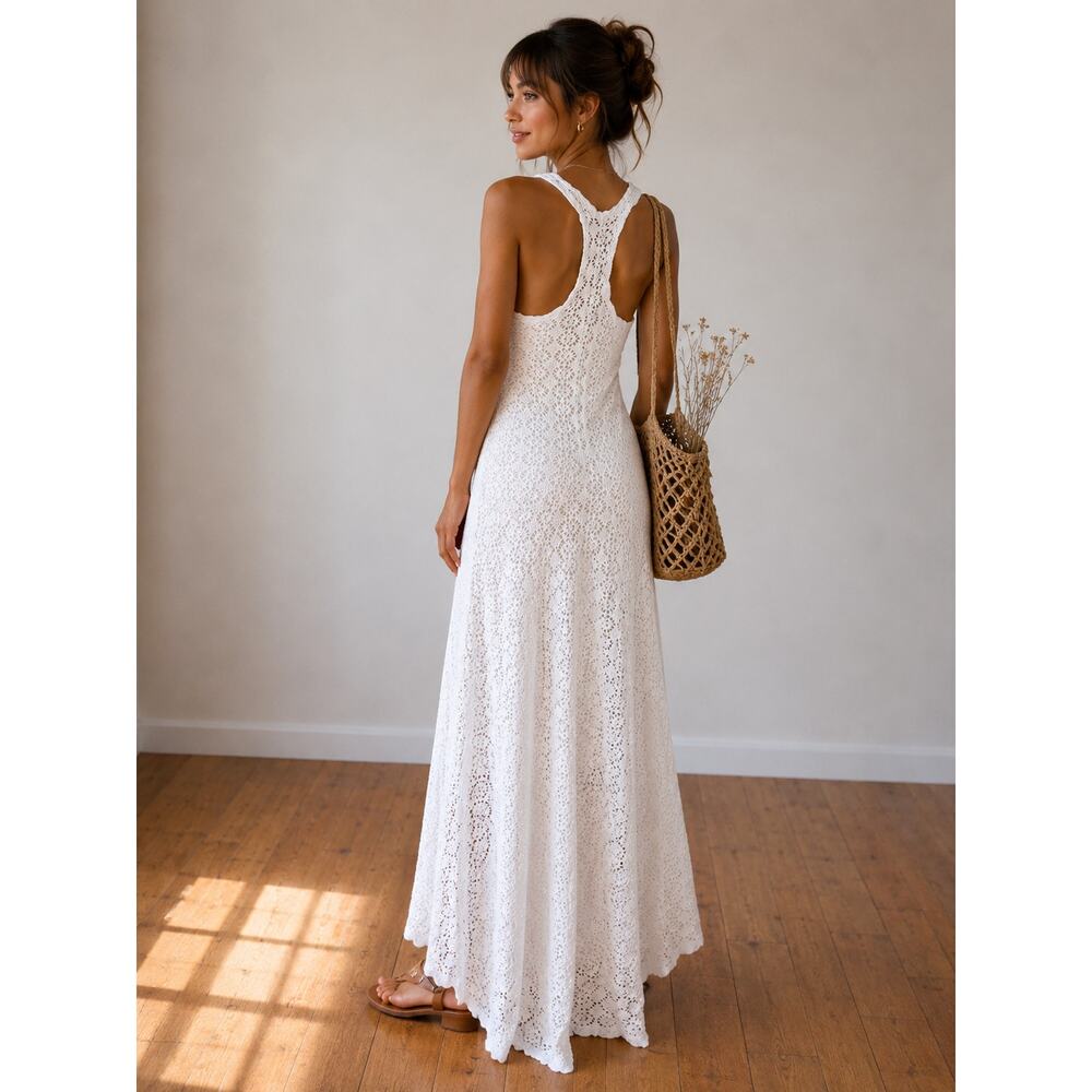 Free People Beach White Crochet Maxi Dress Racerback Cotton Boho M - Picture 2 of 10